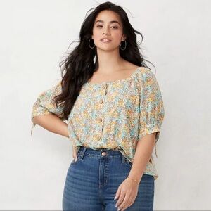 LC Lauren Conrad Yellow Multi Floral Button-Front Puff Sleeve Top
